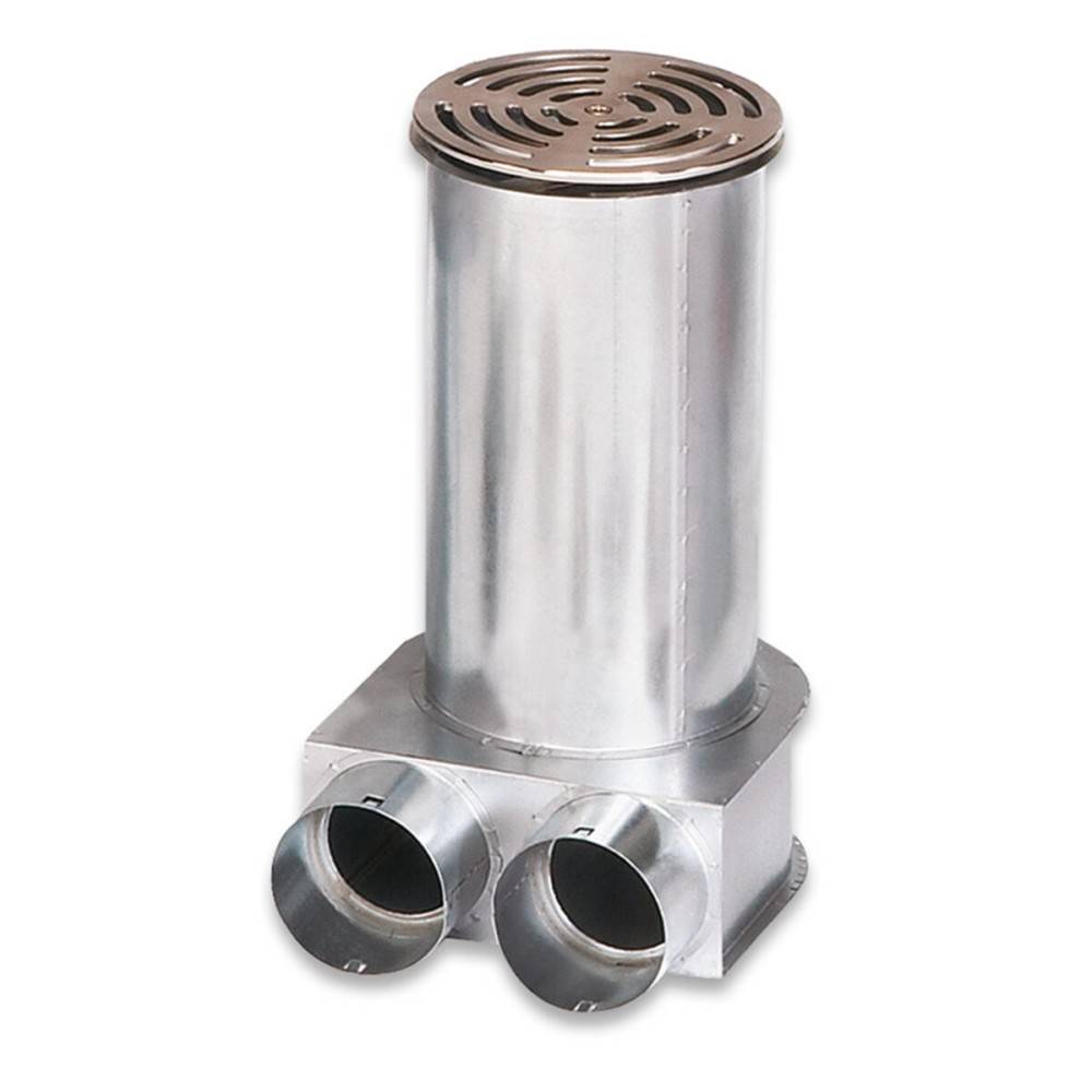Ein Edelstahl-Bodenkasten mit zwei kreisrunden Luftöffnungen und einem runden Gitterdeckel, konzipiert für Luftverteilungs- und Belüftungssysteme.