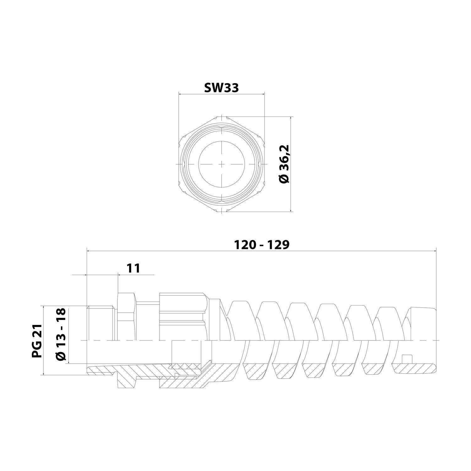 Eine technische Zeichnung einer mechanischen Komponente mit Abmessungen: Durchmesser 36,2, Schlüsselweite 33, PG21-Gewindegröße und Länge 120-129.