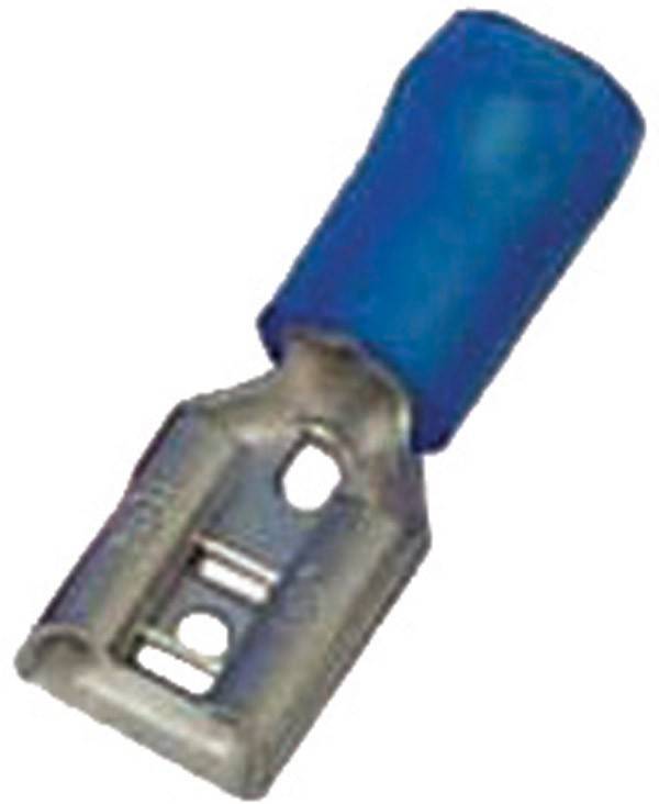 Eine blaue isolierte Gabelkabelschuh-Klemme, die zur Verbindung von elektrischen Leitungen verwendet wird und dabei das Metallgabelende und die blaue Isolierung hervorhebt.