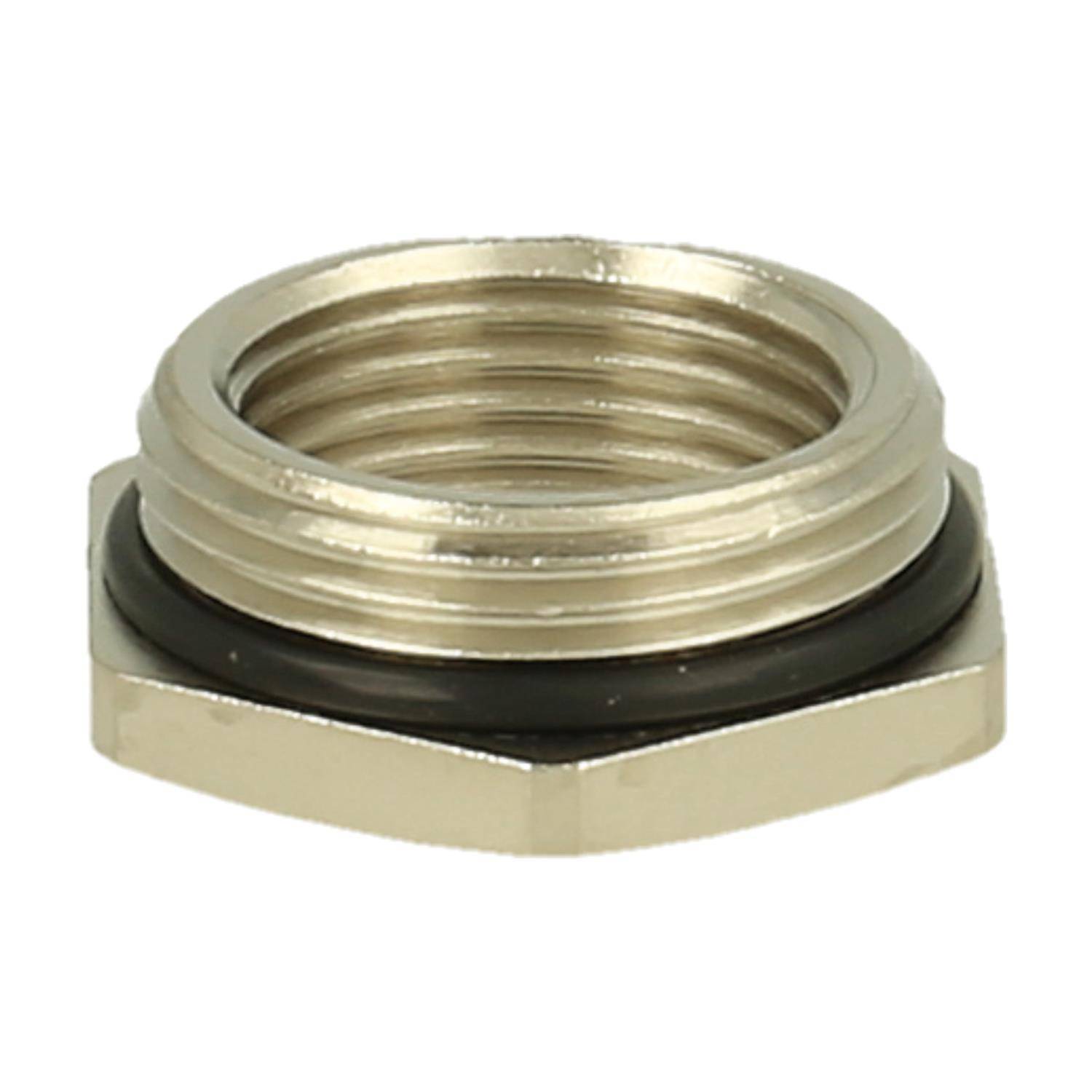 Eine Metallsechskantmutter mit innerer Gewindeverbindung und einem schwarzen Gummiring wird vor weißem Hintergrund gezeigt. Sie dient wahrscheinlich einer Dichtungsfunktion in mechanischen Baugruppen.