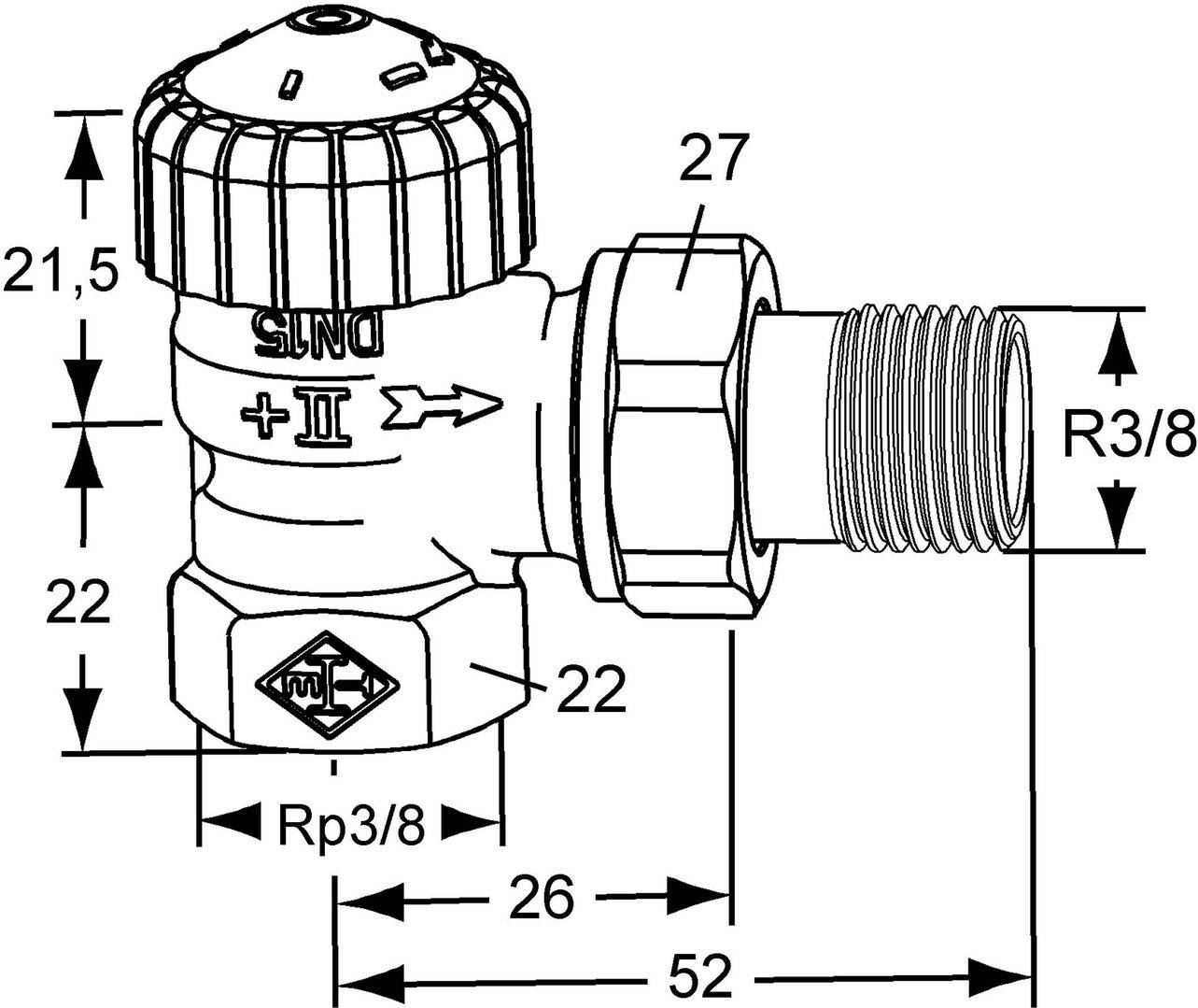 Technische Zeichnung eines mechanischen Ventils mit Abmessungen: 27 bei 52 Einheiten. Beschriftet als 'DIN5' und 'Rp 3/8', mit Richtungspfeilen.