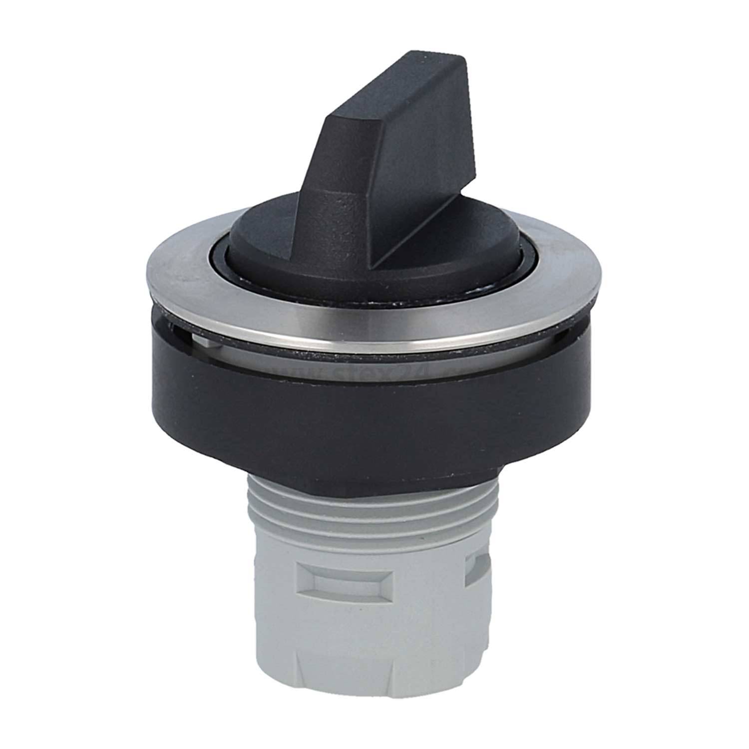 Ein schwarzer und grauer Drehschalter mit einem dreieckigen Griff, der zum Ein- und Ausschalten elektrischer Geräte verwendet wird und auf einer weißen Basis montiert ist.