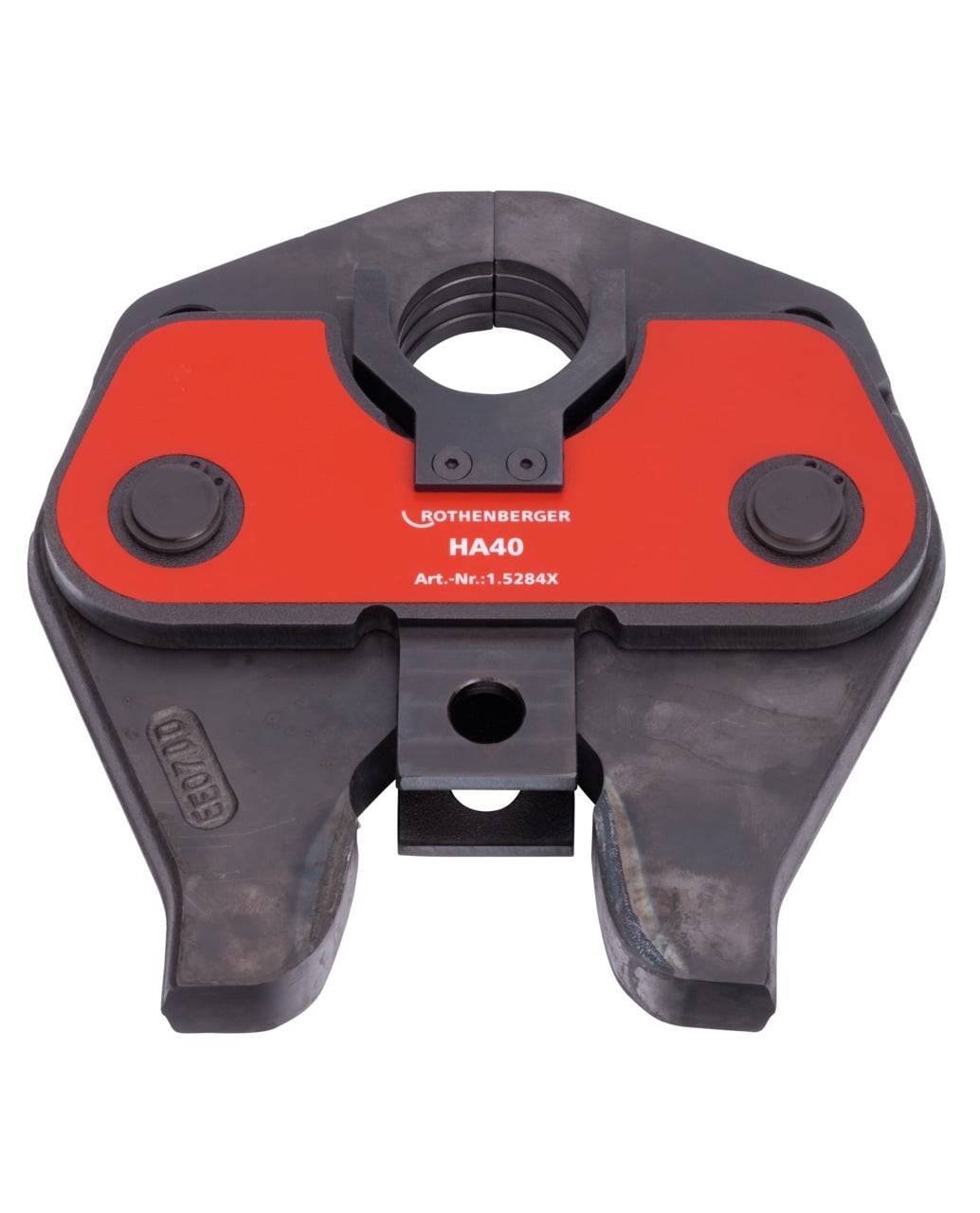 Ein Industriewerkzeug mit einem roten Etikett mit der Aufschrift 'Rothenberger HA40'. Für schwere Arbeiten konzipiert, mit einem markant hervorgehobenen Klemmmechanismus.