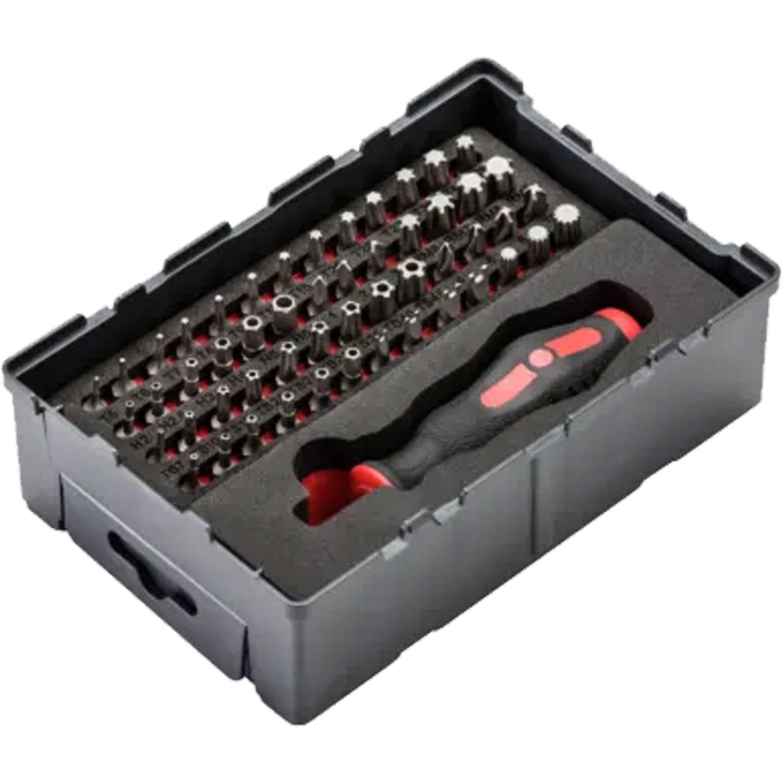 Eine Werkzeugsammlung mit mehreren Schraubenzieherspitzen, die in Reihen geordnet sind und in einem schwarzen Kunststoffkoffer untergebracht sind. Ein Schraubendreher mit rotem Griff ist ebenfalls enthalten.