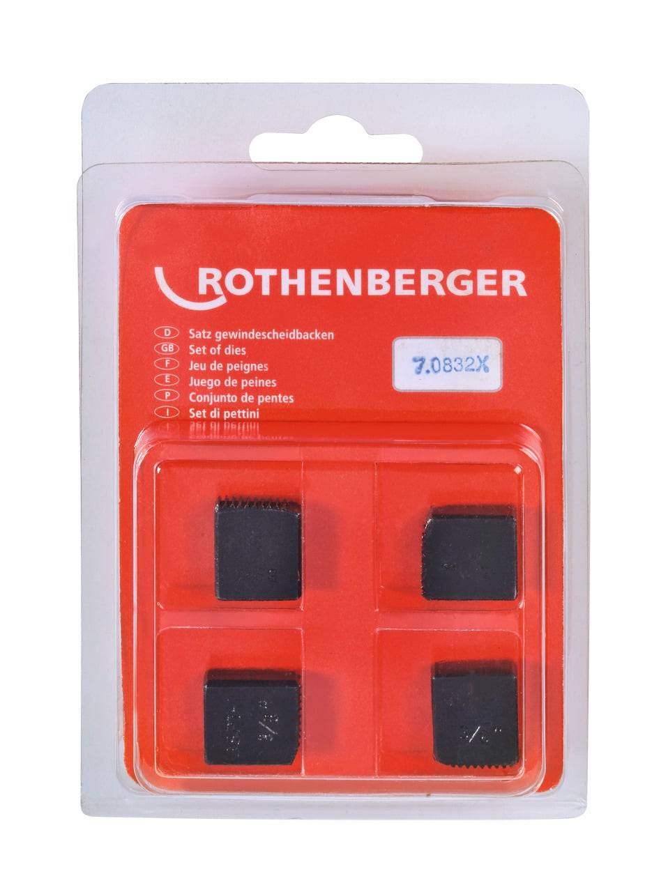 Packung mit Rothenberger-Gewindeschneideisen, beschriftet mit '7.0832X'. Enthält vier schwarze Gewindeschneideisen in einer transparenten Kunststoffbox.