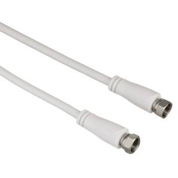 Zwei weiße koaxiale Kabel mit Metallgewindesteckverbindern auf einfachem Hintergrund.