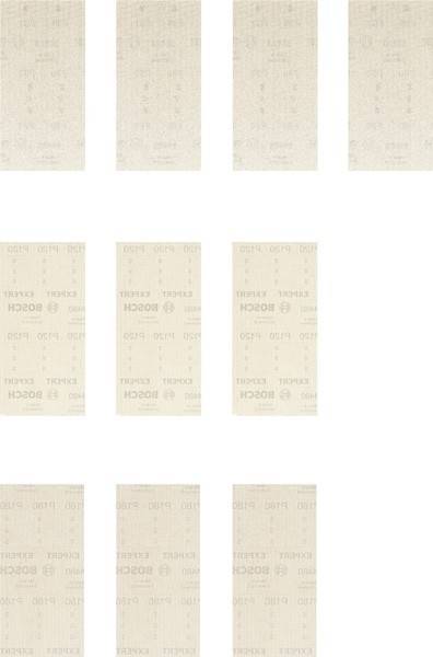 Das Bild zeigt mehrere Blätter Bosch P150 Schleifpapier, die in einem Gittermuster vor einem weißen Hintergrund angeordnet sind.