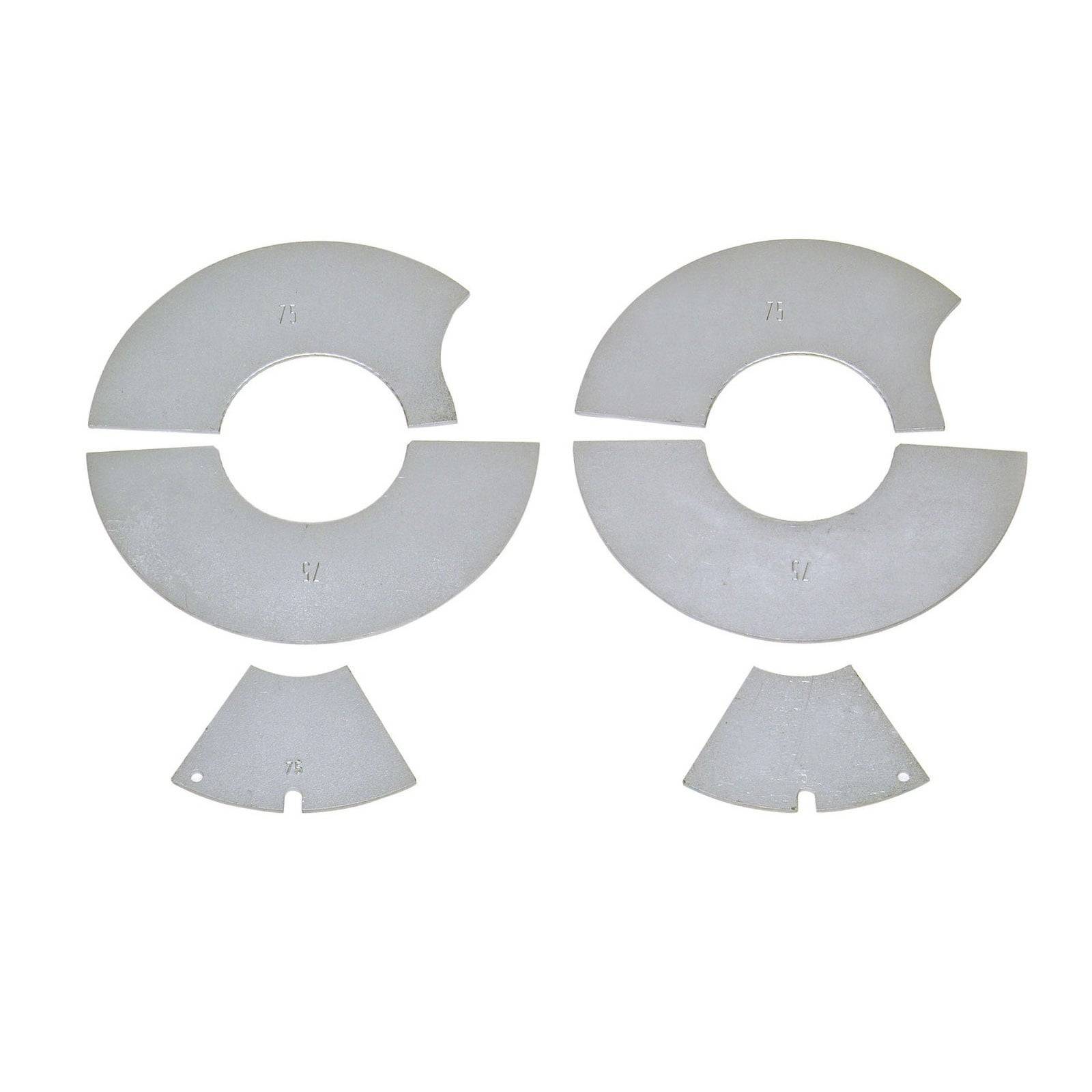 Zwei Sätze von halbkreisförmigen Metalscheiben, jeder bestehend aus drei Stücken, begleitet von zwei dreieckigen Metallstücken darunter.