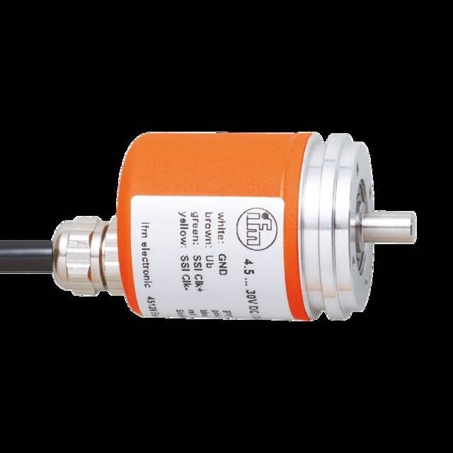 Ein orangefarbener elektronischer Encoder mit einer silbernen zylindrischen Ausgangswelle und beschrifteten Verdrahtungsspezifikationen.