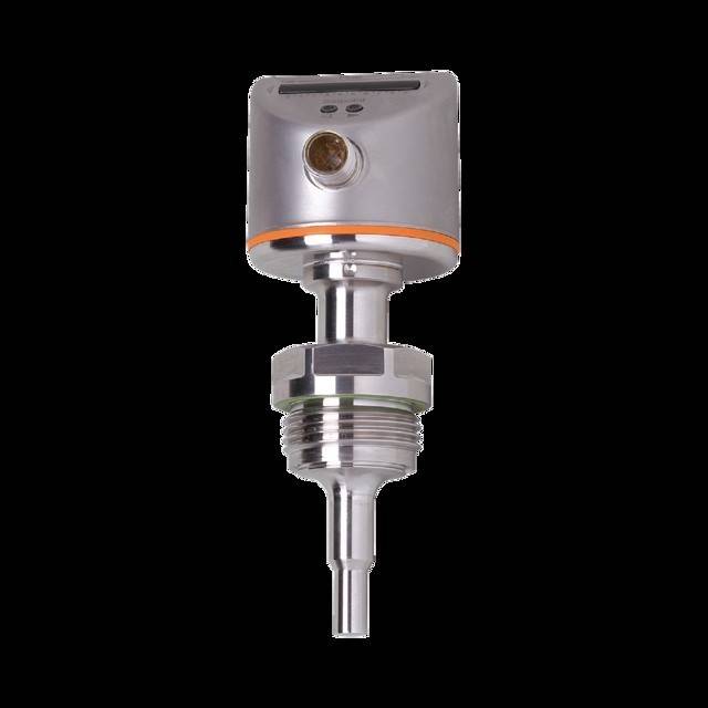 Eine Nahaufnahme eines metallischen industriellen Sensors mit Gewindesockel, entwickelt zur Überwachung von Fluidständen oder Zuständen in Maschinenanlagen.