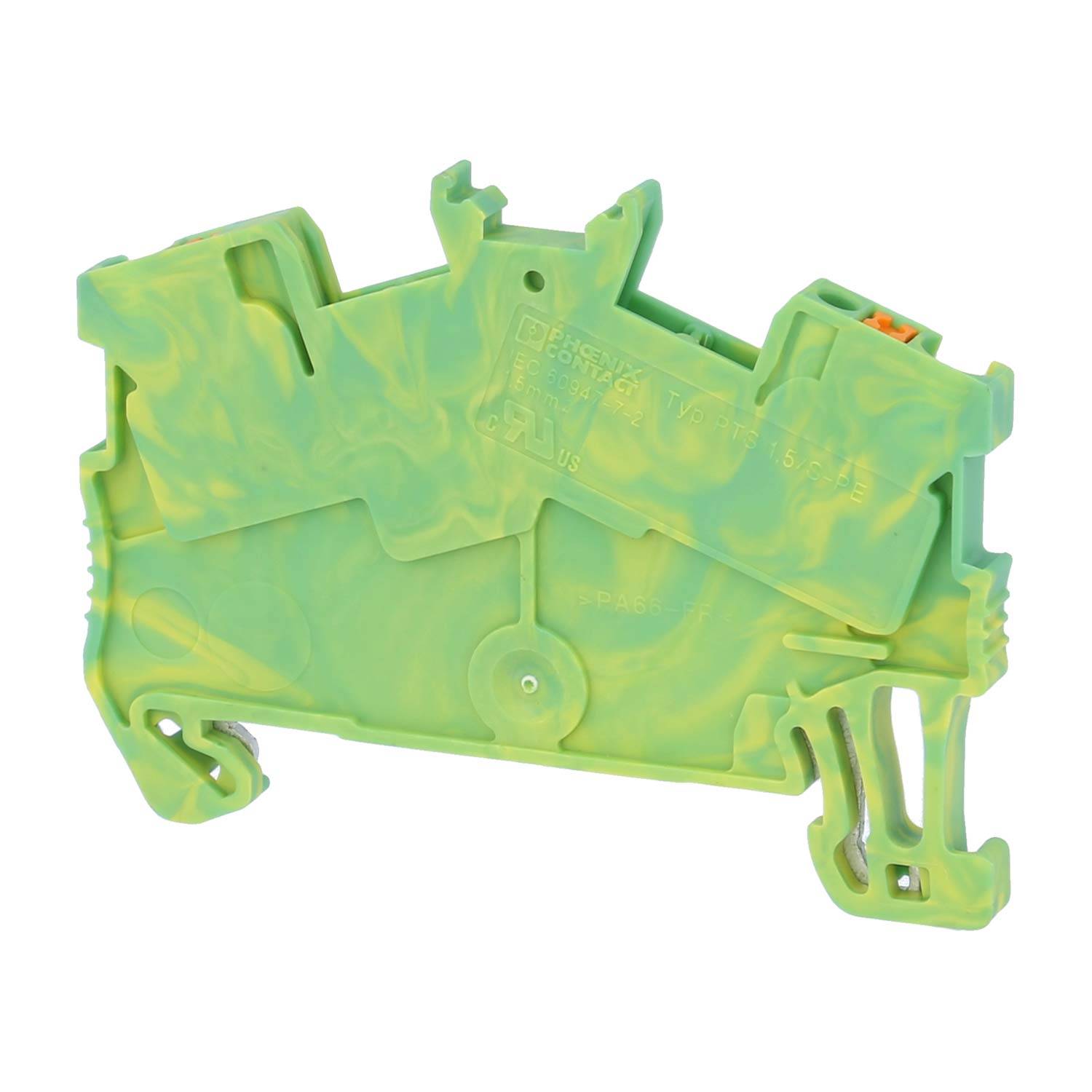 Ein grün-gelbes Klemmleistengerät mit einem wellenförmigen Muster zum Verbinden von Stromkreisen, entwickelt mit einer Erdungsverbindungsfunktion.