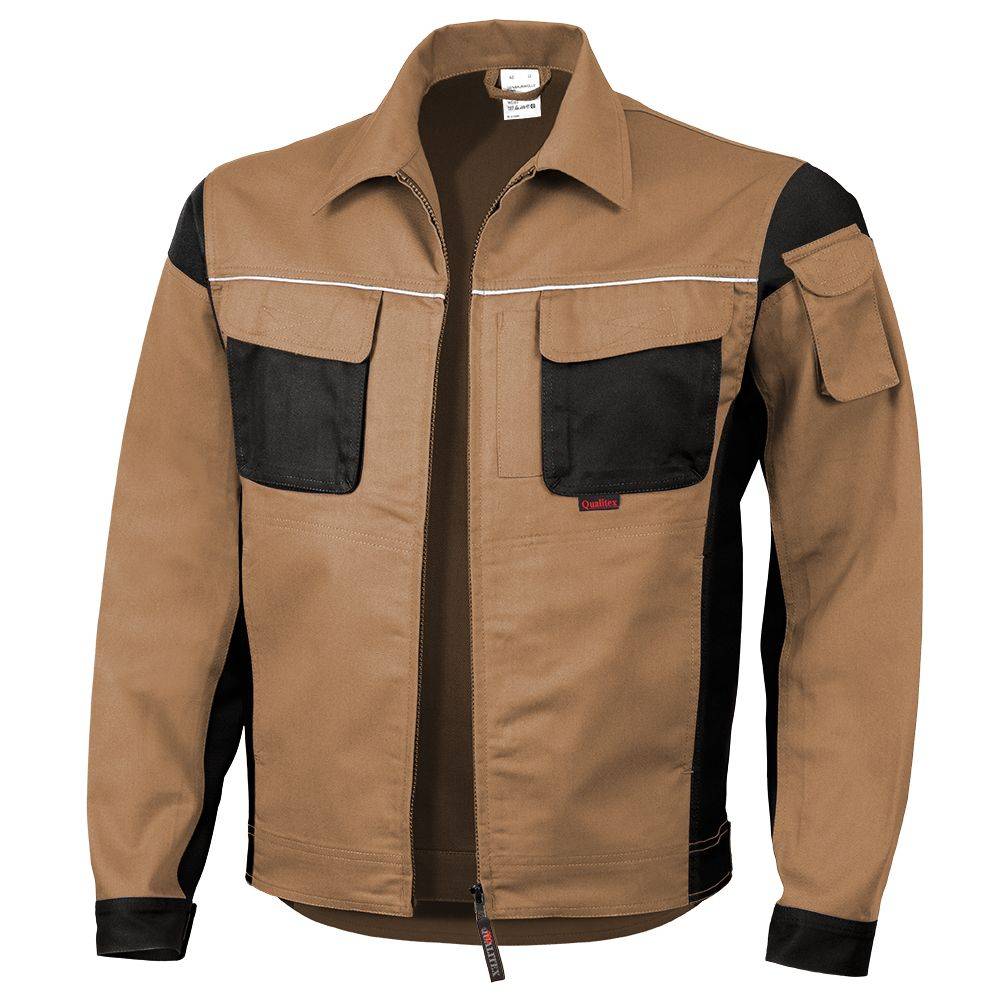 Braune und schwarze Arbeitsjacke mit mehreren Taschen und durchgehendem Reißverschluss, geeignet für Außen- oder industrielle Einsätze.
