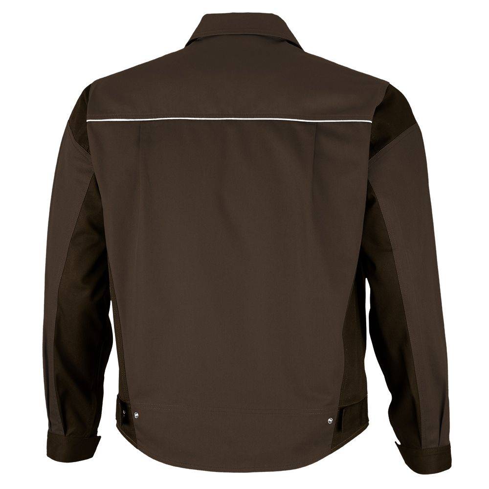Eine braune Jacke wird von hinten gezeigt, mit langen Ärmeln, einem Kragen und einem dünnen reflektierenden Streifen über dem oberen Rücken.