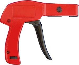 Eine rote Handtacker mit einem schwarzen Griff, verwendet zum Befestigen von Materialien wie Papier, Stoff oder Holz.
