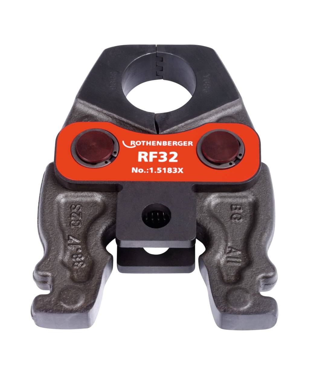 Ein Rothenberger RF32 Presszangenwerkzeug mit silber-roter Gestaltung, verwendet zum Pressen von Rohranschlüssen in sanitären und elektrischen Installationen.