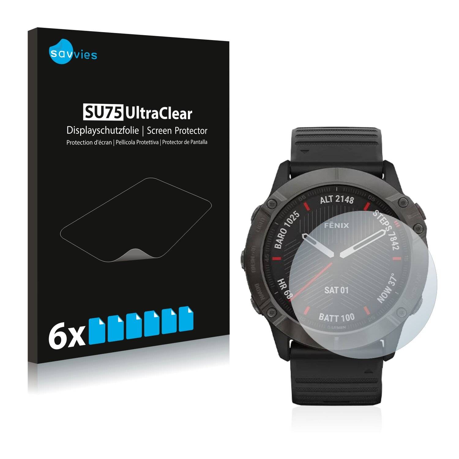 6x Savvies SU75 Displayschutzfolie für Garmin Fenix 6X Pro