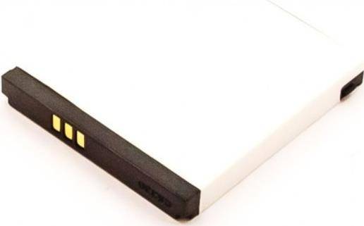 Ein Nahaufnahmebild einer flachen, rechteckigen Batterie mit schwarzem Rand und drei gelben Kontakten, was anzeigt, dass es sich um eine wiederaufladbare Lithium-Batterie handelt.