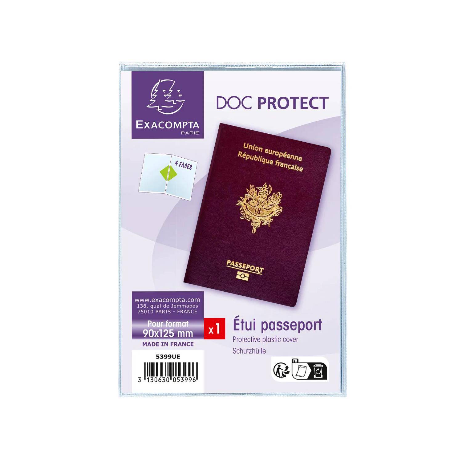 Exacompta Doc Protect Reisepass-Schutzhülle Paket mit einem burgunderroten Reisepass in einer klaren Schutzfolie, gekennzeichnet für 90x125 mm Reisepässe.