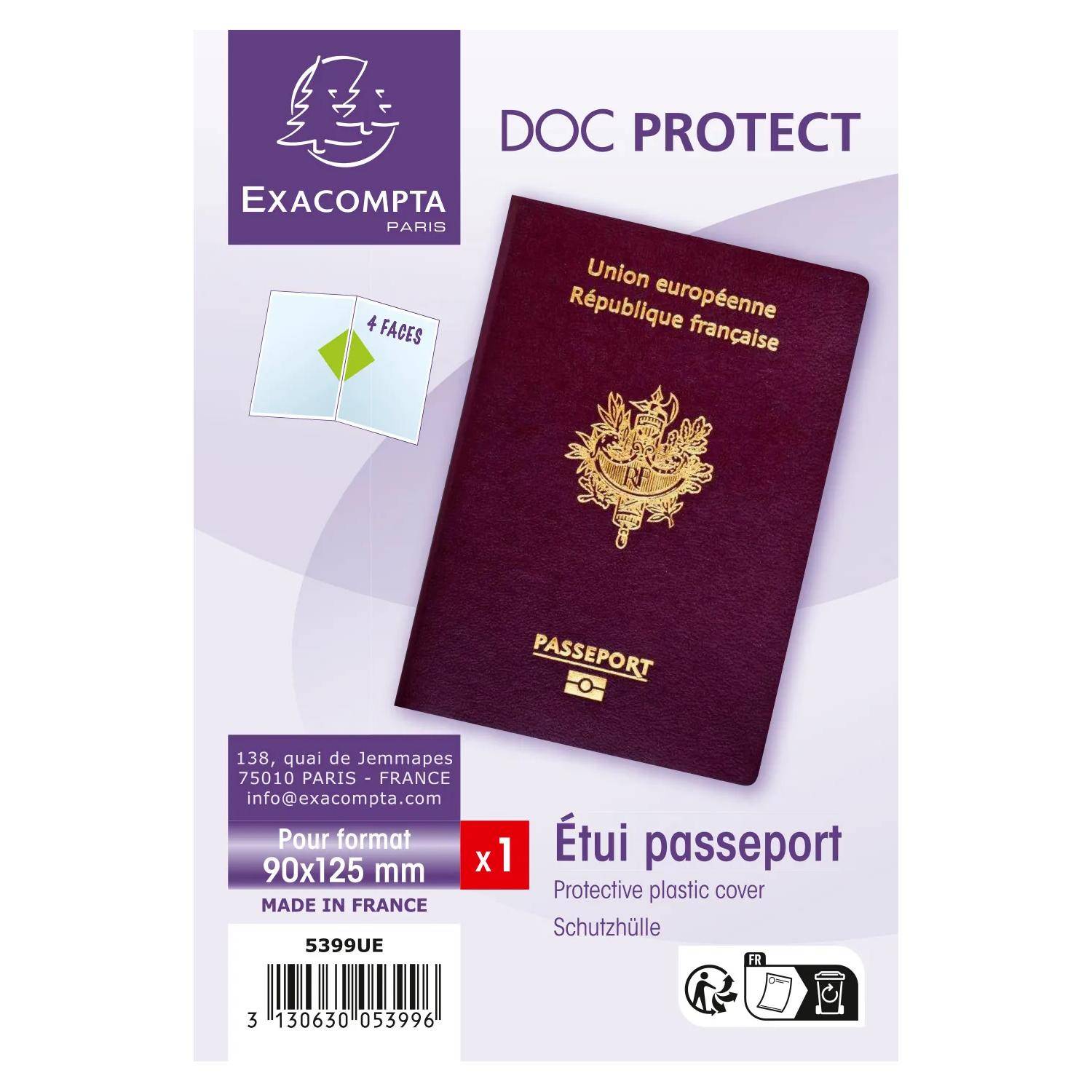 Produktbild eines burgunderfarbenen Passes in einer transparenten Schutzhülle, beschriftet mit „DOC PROTECT" und „Étui passeport"" von Exacompta Paris, für 90x125 mm Pässe.
