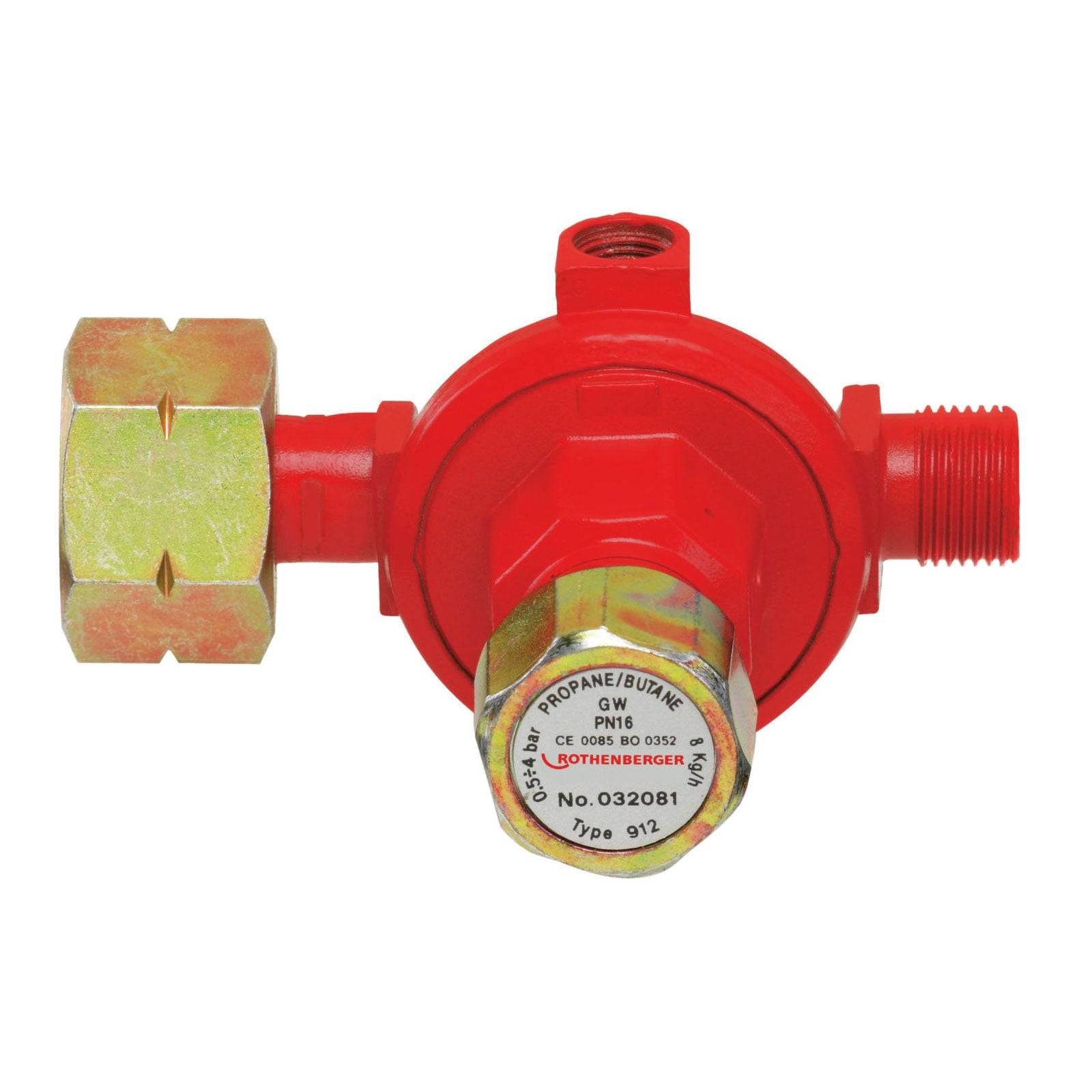 Propan/Butan-Gasregler mit Manometer, Modell Typ 912, rote Gehäuse, Messinganschlüsse, verwendet zur Steuerung des Gasflusses.