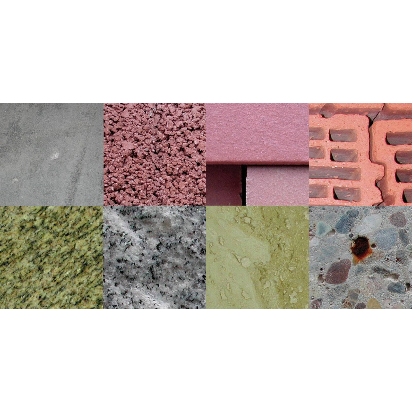 Ein 3x3 Raster mit verschiedenen Baumaterialien: Beton, roter Kies, rosa Ziegel, rote Ziegel, grüner Granit, grauer Granit, hellbrauner Stein, Flusssteine.
