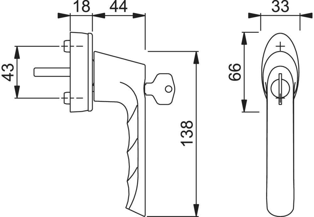 Technische Zeichnung eines Türgriffs mit Abmessungen: Breite 44 mm, Grifflänge 138 mm und Abstand von der Basis zur Oberseite 66 mm.
