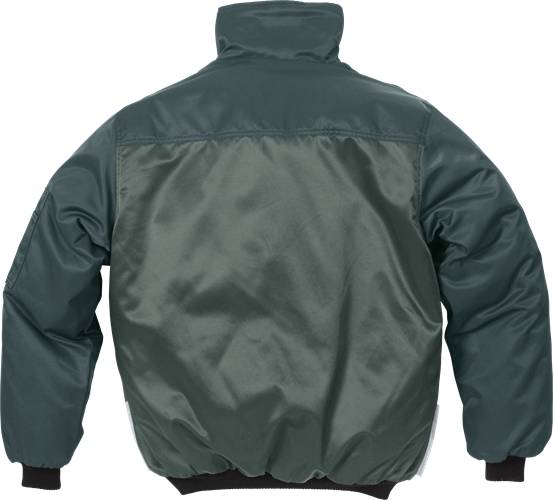 Eine dunkelgrüne Bomberjacke, von hinten gezeigt, mit hohem Kragen, langen Ärmeln und lockerer Passform.
