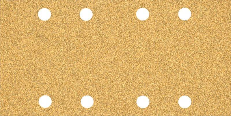 Eine gelbe strukturierte Oberfläche mit vier gleichmäßig verteilten weißen Kreisen, die einem Blatt Schleifpapier mit Löchern zur Staubableitung ähnelt.