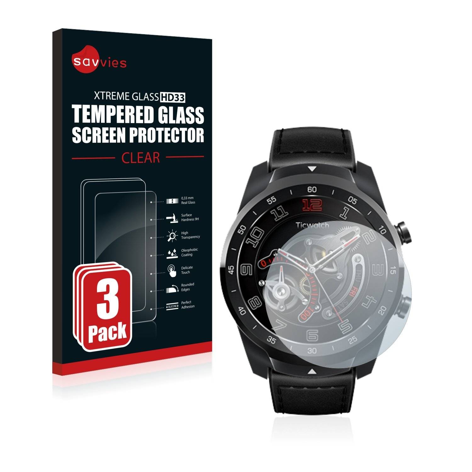 3x Savvies HD33 Clear Schutzglas für Mobvoi Ticwatch Pro