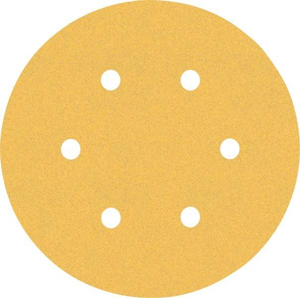 Eine runde, gelbe Schleifscheibe mit sechs gleichmäßig verteilten Löchern, die zum Glätten von Oberflächen und Polieren bei Hobby- oder professionellen Projekten verwendet wird.