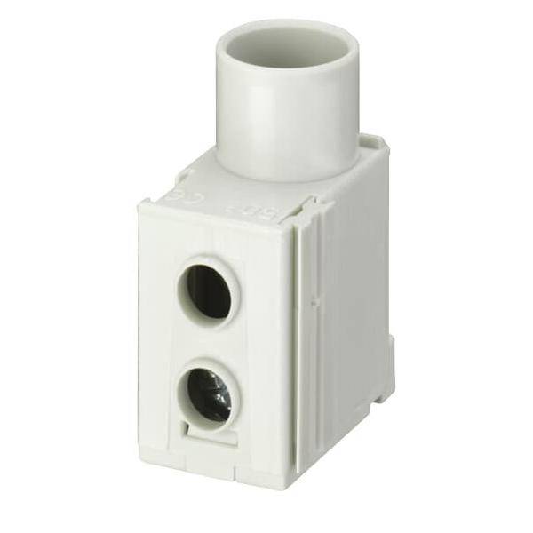 Ein weißer elektrischer Verbindungsblock mit zwei Schraubklemmen und einer zylindrischen Öffnung an der Oberseite zur Kabeleinführung.
