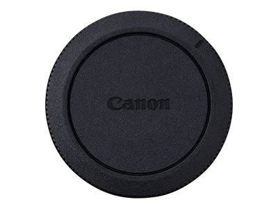 Canon-Kameragehäusekappe, Vorderansicht, schwarze kreisförmige Abdeckung mit Canon-Logo.