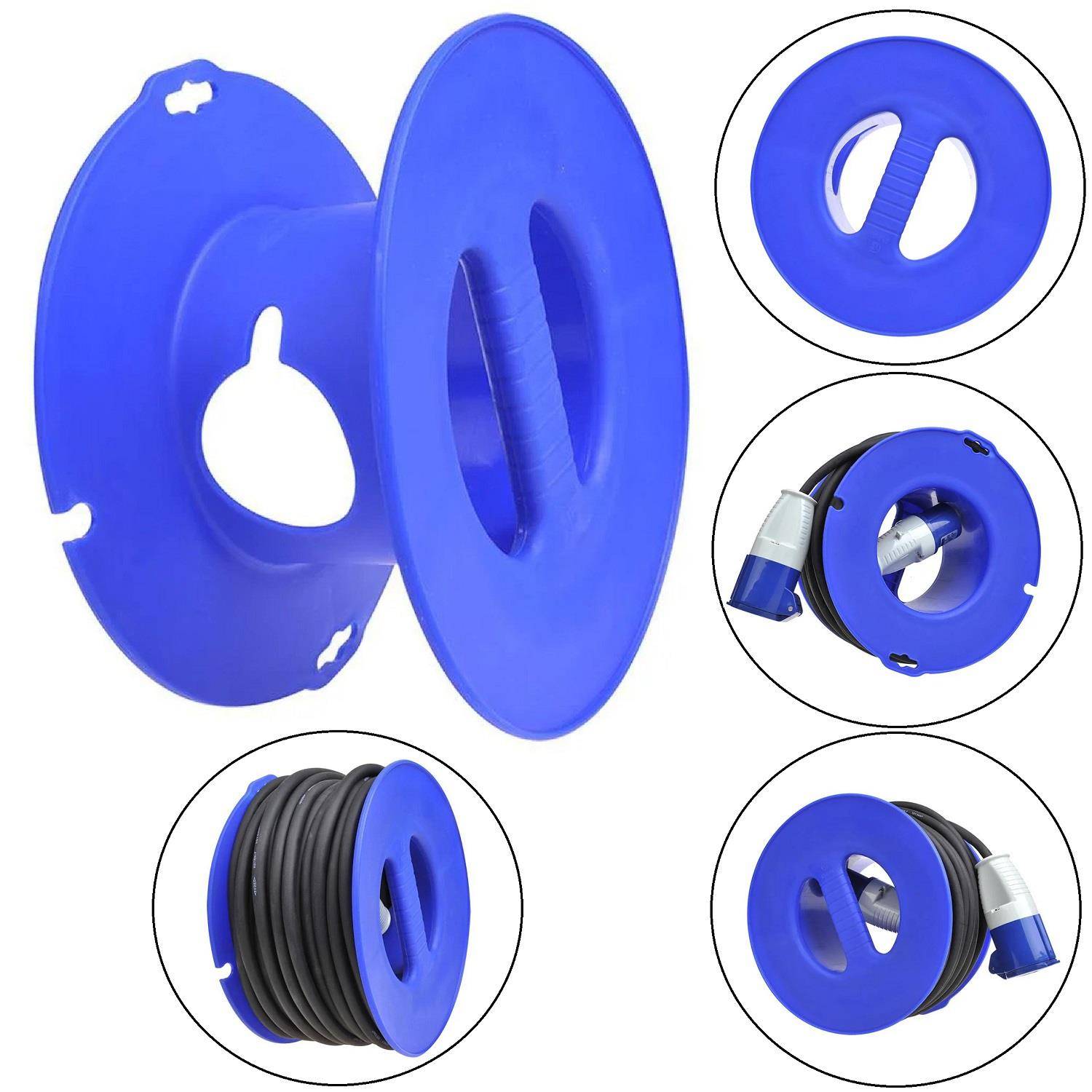 „Bilder einer blauen Gartenschlauchrolle mit verschiedenen Ansichten: eine zeigt die Rolle allein, andere zeigen sie mit um sie gewickeltem Schlauch.