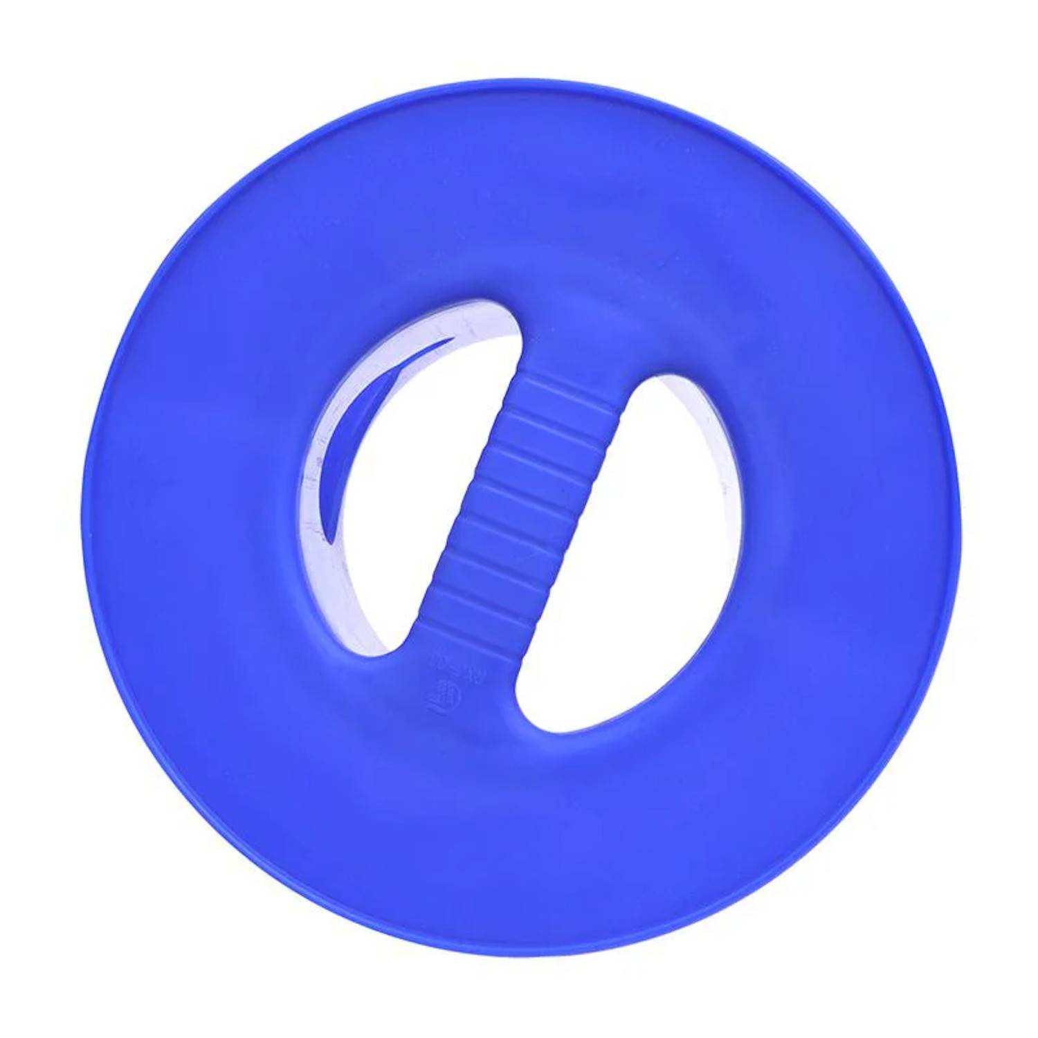 Eine runde blaue Kunststoffscheibe mit einem zentralen Griffgriff, die einer Gym-Gewichtplatte ähnelt.