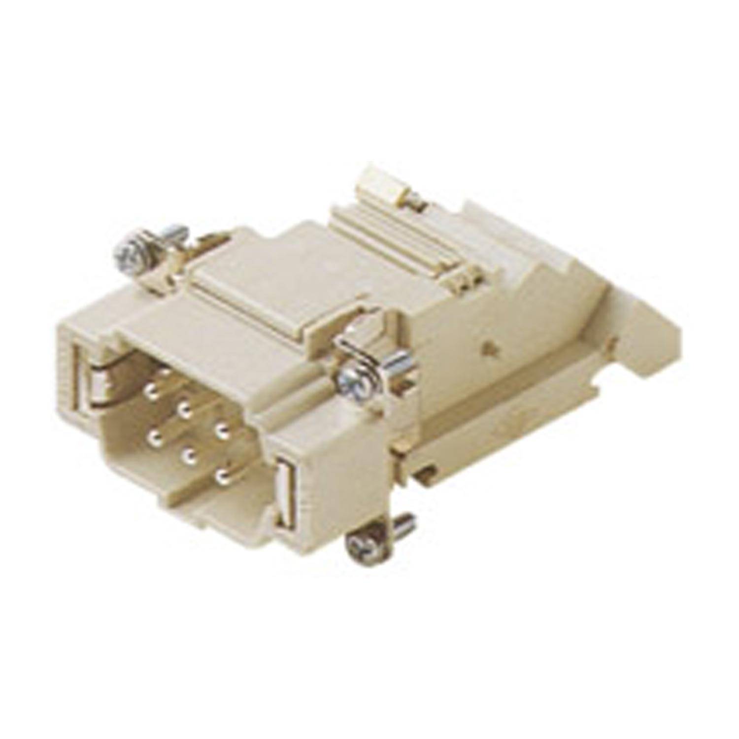 Ein elfenbeinfarbener Elektrostecker mit mehreren Pins, entworfen für sichere Kabelverbindungen. Er hat Schrauben zur Befestigung.