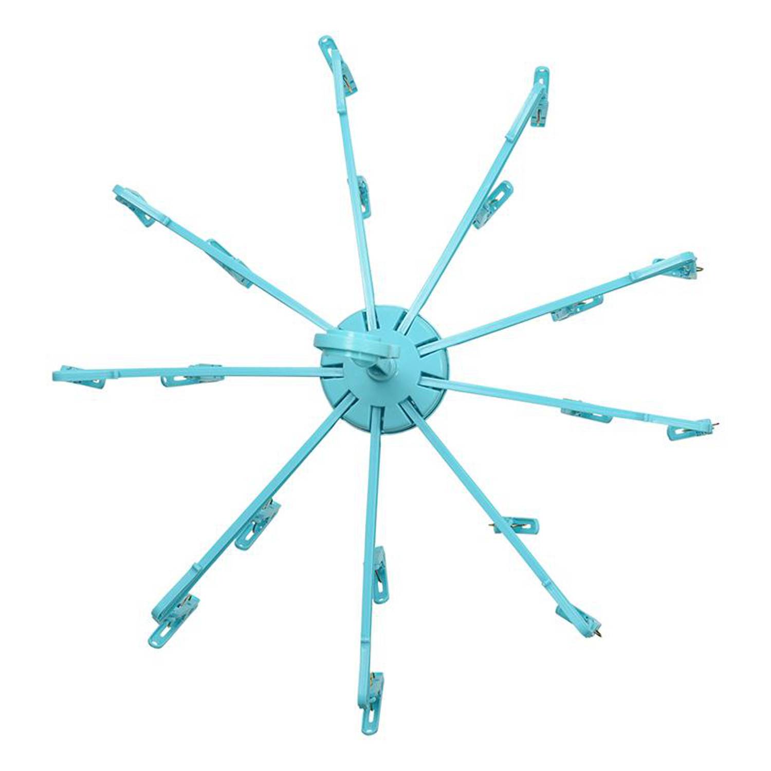 Ein blauer Wäscheständer mit zwölf Armen, die jeweils mit einer Wäscheklammer enden, in einem radialen Muster zum Aufhängen von Kleidung angeordnet.