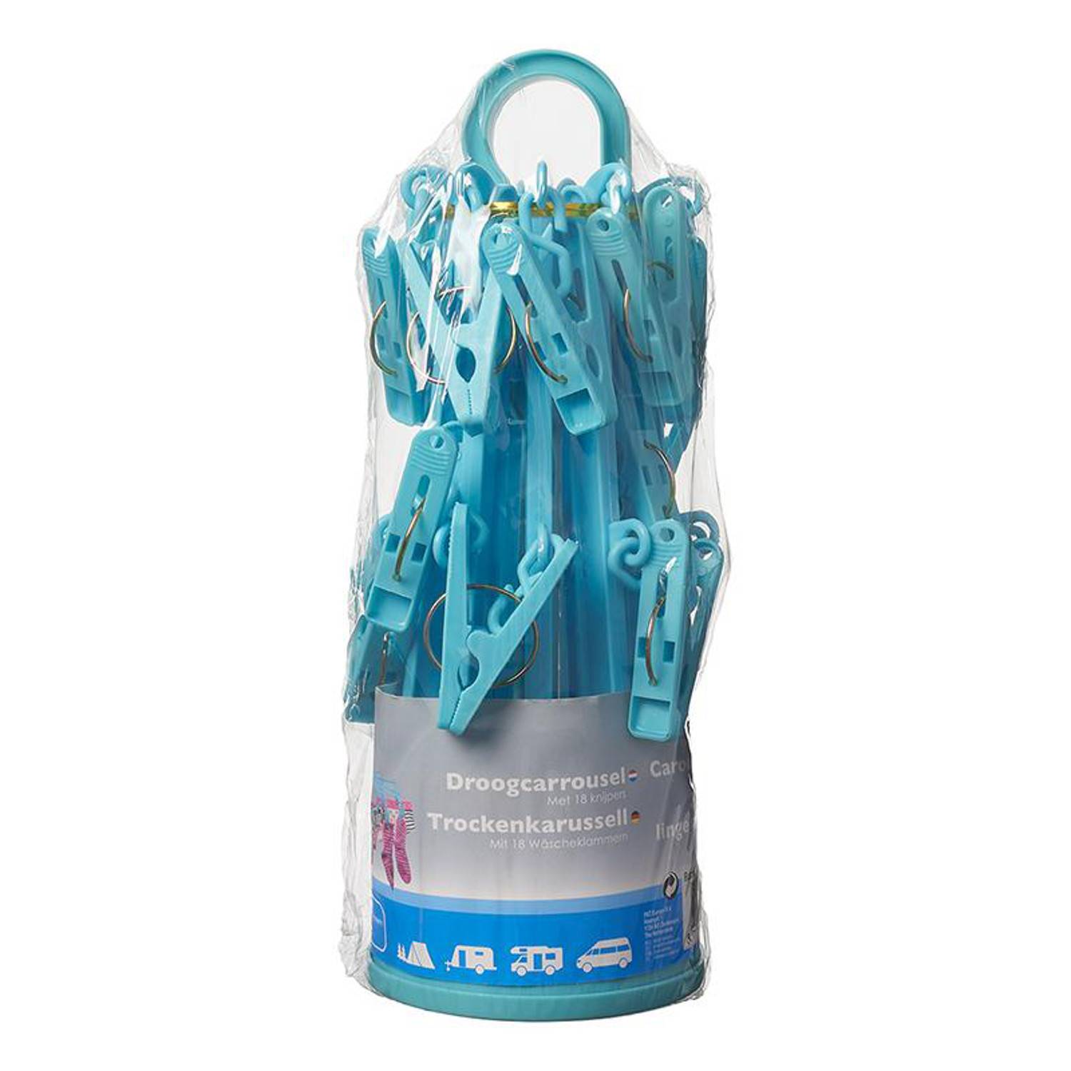 Kunststoff-Wäschekarussell mit mehreren blauen Klammern, in transparenter Verpackung verpackt. Enthält mehrsprachiges Etikett mit Verwendungssymbolen.