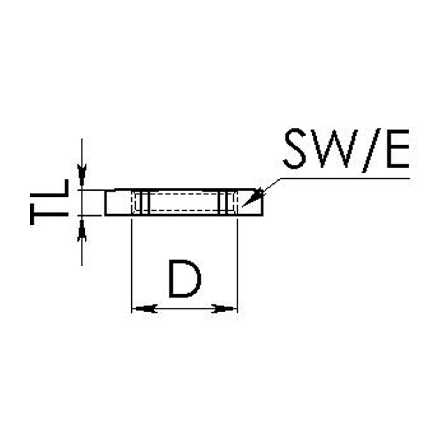 TL', 'D', 'SW/E' beschriftetes technisches Diagramm mit Angaben der Abmessungen eines zylindrischen Objekts mit Schwerpunkt auf Längen- und Breitenmessungen.