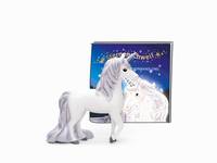 Weiße Einhorn-Figur, die neben einem verpackten Spielzeug-Einhorn-Set vor einem einfachen weißen Hintergrund steht.