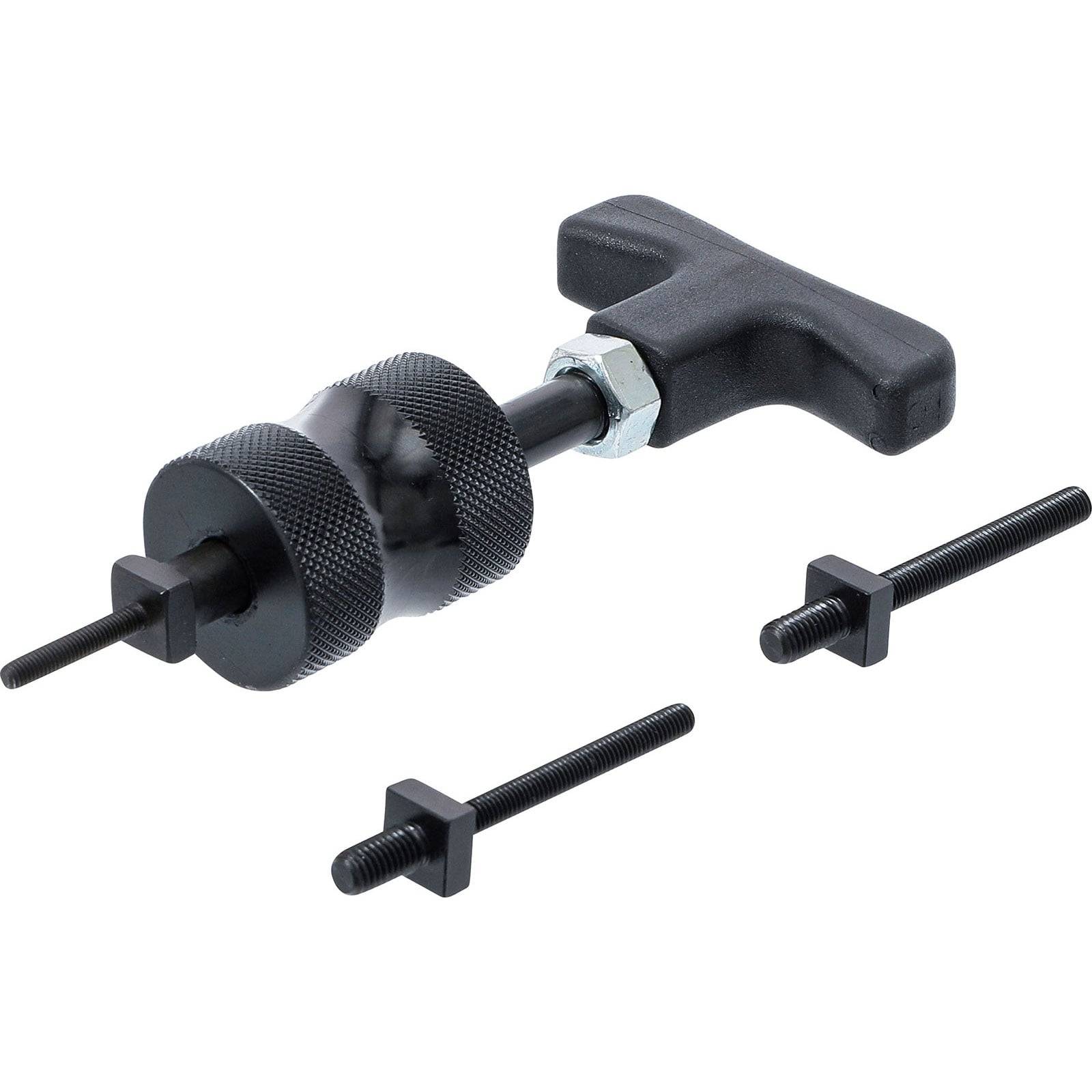 Ein schwarzes Metalltool mit einem T-förmigen Griff, zwei Gewindestangen und quadratischen Muttern, die für einen mechanischen Montagezweck angeordnet sind.