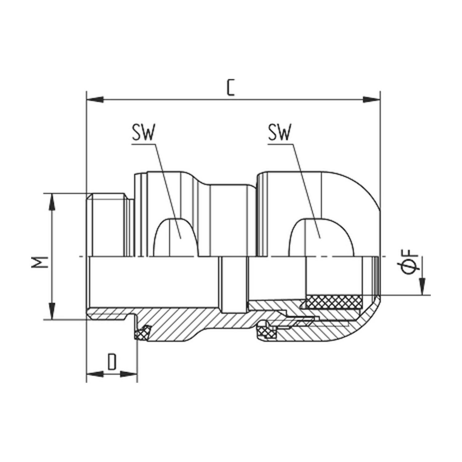 Technische Zeichnung einer hydraulischen Armatur mit angegebenen Abmessungen M, C, D, SW und ØF. Querschnittsansicht zeigt innere Details.