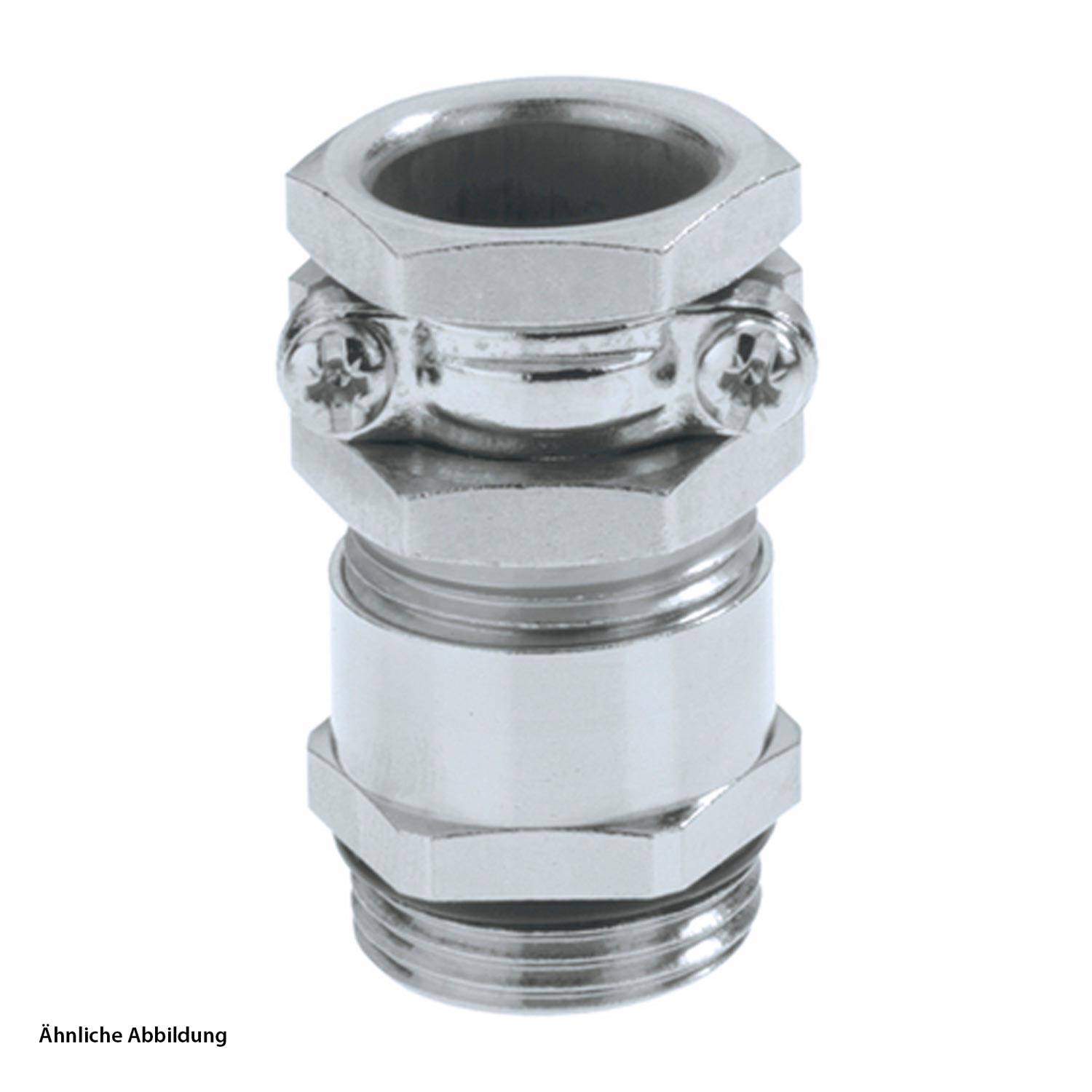 Eine Metallquetschverschraubung mit Sechskantmuttern und Gewindeteilen, die zum sicheren Verbinden von Rohren oder Kabeln verwendet wird.