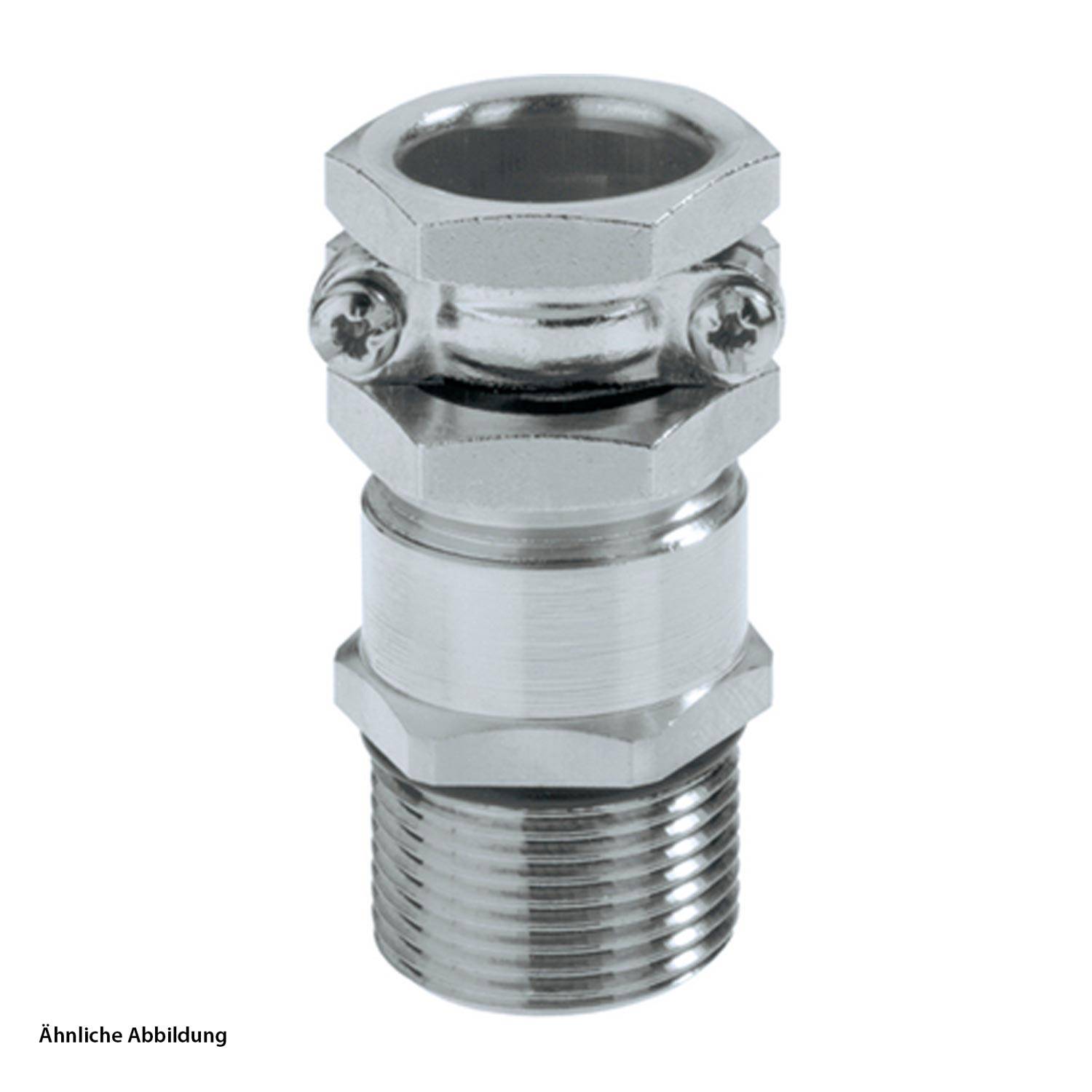 Eine metallische Industrieverbindung mit einem Gewinde am Ende, einer sechskantigen Mutter und einer glatten Oberfläche, die zum Verbinden von Rohren oder Kabeln verwendet wird.