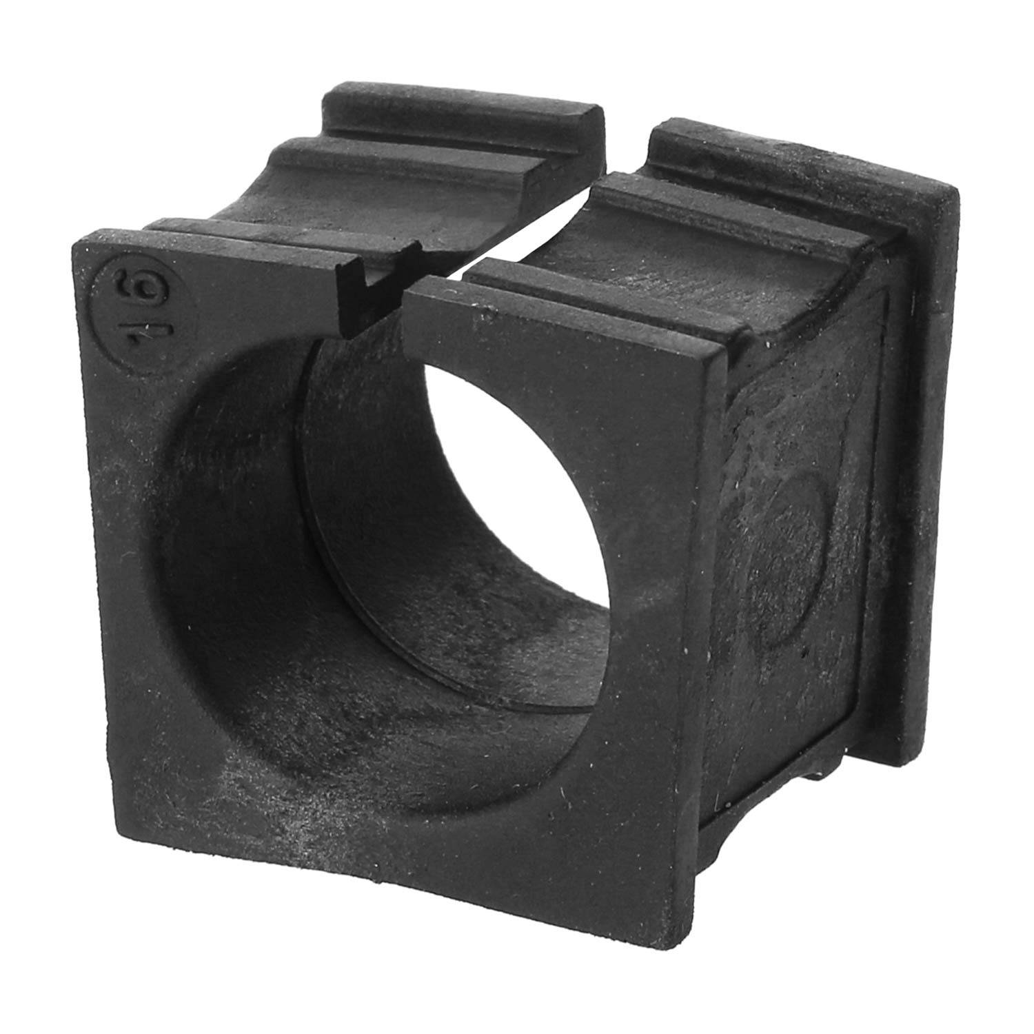 Eine Nahaufnahme eines schwarzen, quadratisch geformten Kunststoffgehäuses mit einer kreisförmigen Öffnung in der Mitte und gezähnten Kanten oben.