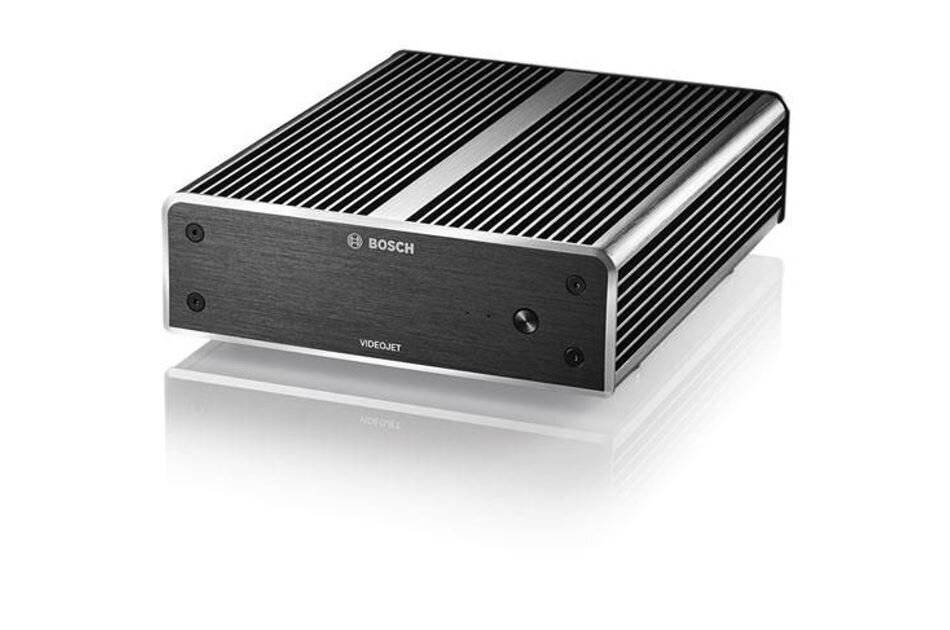Bosch VideoJet Gerät mit elegantem Metalldesign, verwendet für Videoverarbeitung oder -streaming. Die Frontplatte zeigt Branding und Eingangsbuchsen.