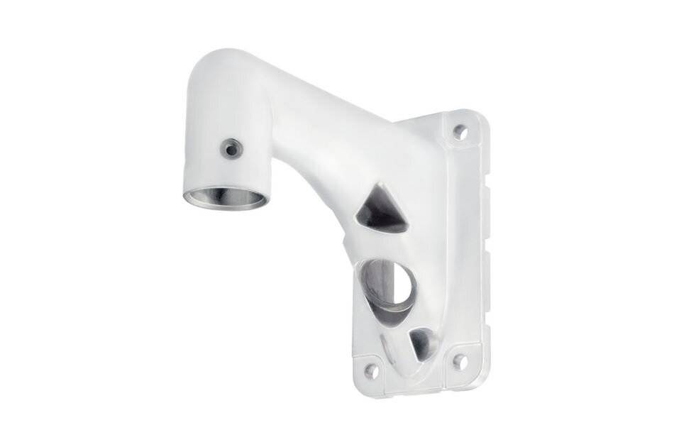 Weißes Metallwandhalterungsband mit gekrümmtem Arm, zylindrischem Ende und Schraubenlöchern, gezeigt auf einfachem weißem Hintergrund.