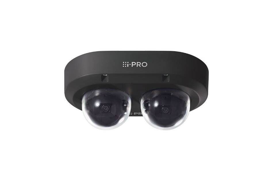Dual-Lens-Sicherheitskamera mit zwei Kuppelllinsen in einem schwarzen i-PRO-Gehäuse, dargestellt vor weißem Hintergrund.