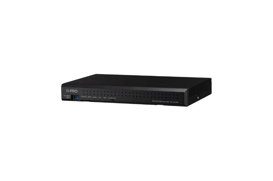 Schwarzes in ein Gestell eingebautes Sicherheitsgerät mit vorderen Statusleuchten und USB-Anschlüssen, dargestellt auf weißem Hintergrund.
