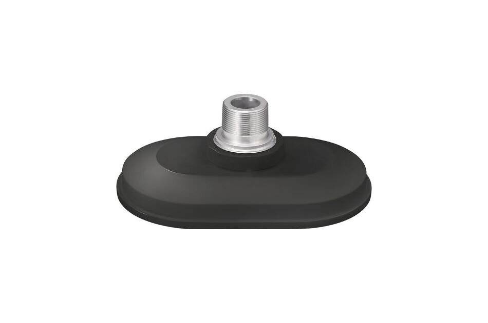 Schwarze ovale Saugnapfhalterung mit einem silbernen Gewinde-Metallbolzen in der Mitte oben.
