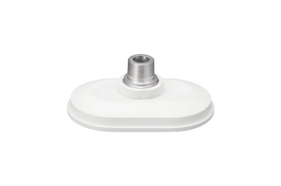 Weißes ovales Sanitärfitting mit einem zentralen Gewindeverbinder aus Metall auf einem einfachen Hintergrund.